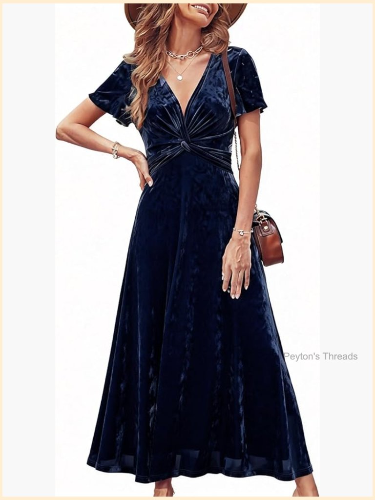 Velvet Maxi Dress Short Sleeve V Neck Twist Front Wedding Guest